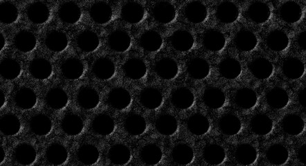 Obraz premium Dark perforated metal texture background, black industrial surface with dense circular hole pattern, high contrast mechanical material for design use -Serie IMC00
