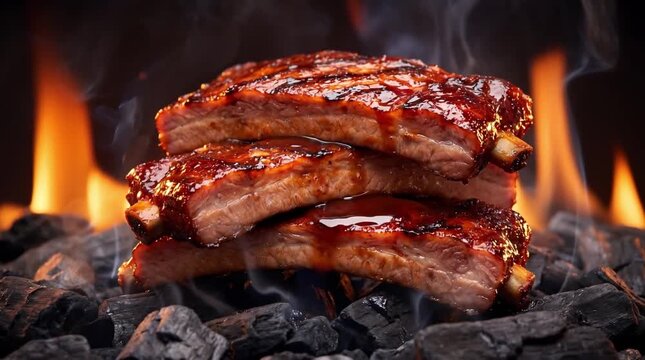 Juicy glazed barbecue pork ribs with rich caramelized sauce and appetizing texture