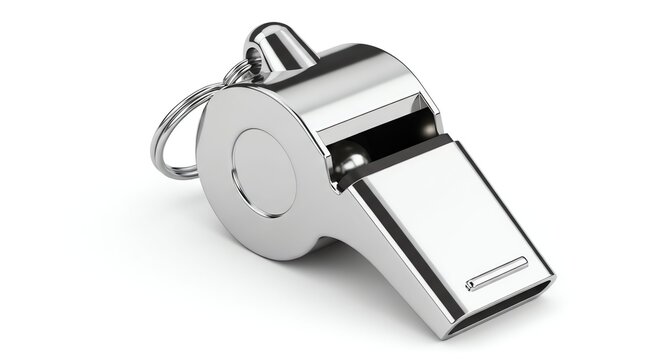 Close-up of a silver whistle with a keychain attachment on a white background.