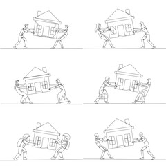 Obraz premium Continuous line drawing portrays a man, woman, Arab, astronaut, and robot pulling miniature house together. An excellent property conflict concept suited nicely for real estate blog post layout.