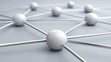 Obraz premium Abstract connection concept showcasing white spheres interconnected with thin rods against a soft gray background, representing networking and collaboration
