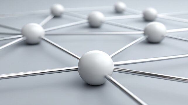 Abstract connection concept showcasing white spheres interconnected with thin rods against a soft gray background, representing networking and collaboration