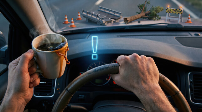 Distracted driving creates hurdles road risking safety as spilled coffee and obstacles impair focus and increase chances of impaired driving