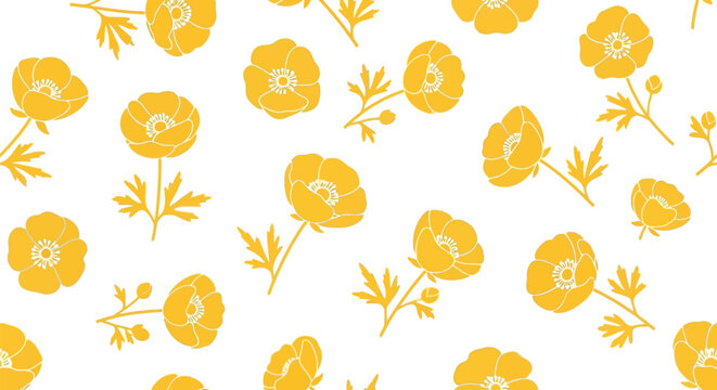 Seamless pattern of yellow anemone flowers and leaves, hand-drawn sketch style