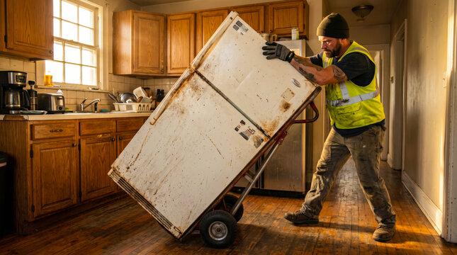 Professional junk removal worker hauling old refrigerator from house kitchen