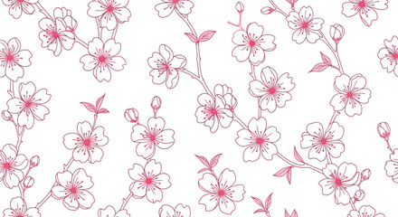 Delicate pink cherry blossom flowers and buds on branches, a simple floral pattern © @ahmedmaynul