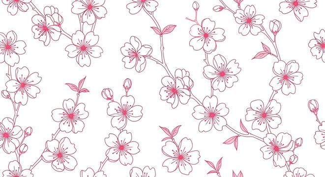 Delicate pink cherry blossom flowers and buds on branches, a simple floral pattern