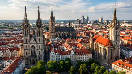 Obraz premium Aerial view of a historic cityscape with a large cathedral and old buildings under a cloudy sky