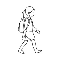 Regreso a las clases. Dibujo sencillo con línea única de una niña de primaria caminando con mochila, vista de perfil  © teracreonte