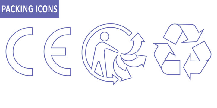 Essential Product Packing Icons Including CE Conformity, Triman Sorting, and Recycling Symbols for Regulatory Compliance Labeling