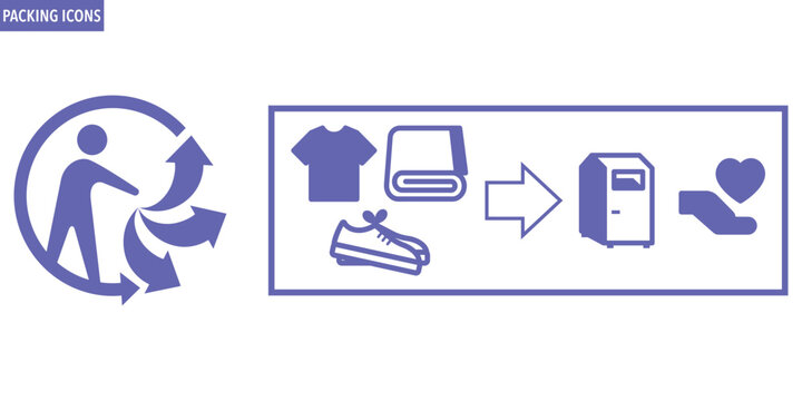 Triman Recycling and Clothing Donation Packing Icons for Consumer Sorting, Reuse, and Sustainable Waste Management Guidance