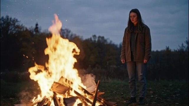 Woman standing near bonfire outdoors at night, emotional scene, loneliness and heartbreak, personal struggle.