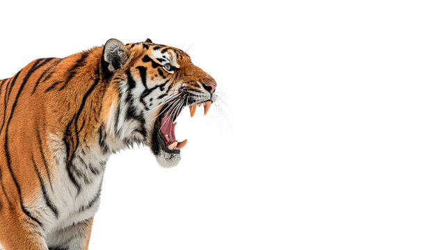 Tiger shows teeth in a fierce roar isolated on transparent background cut out