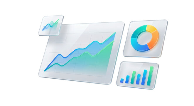 Glowing 3d glass charts and graphs. Financial data analytics.