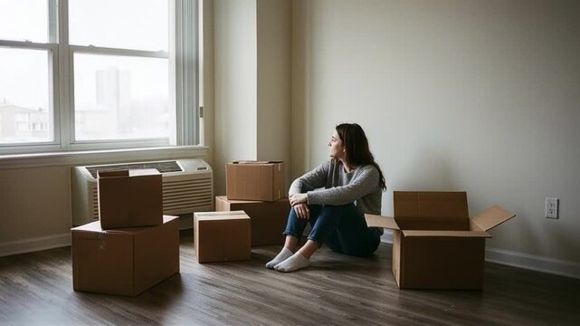 Woman sitting alone among moving boxes in empty apartment, breakup concept, loneliness, life changes.