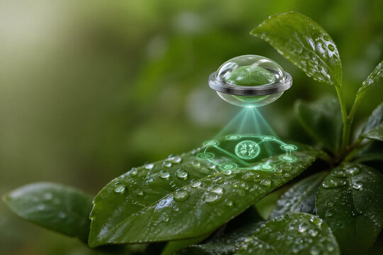 AI generated futuristic biophysics concept with floating leaf chamber projecting cell cycle hologram over dew covered leaves symbolizing nature technology fusion and scientific innovation