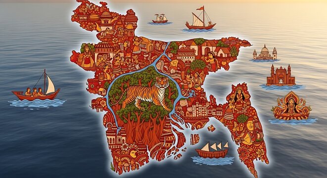 Artistic Illustration of a Bengali map with Cultural Icons