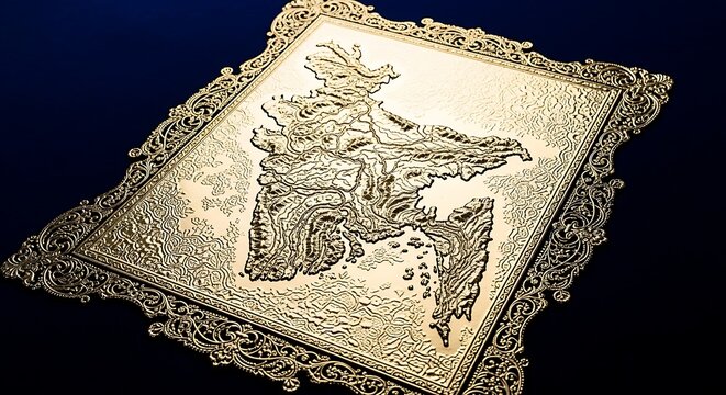 Ornate Golden Bengali Map Relief with Intricate Filigree Frame