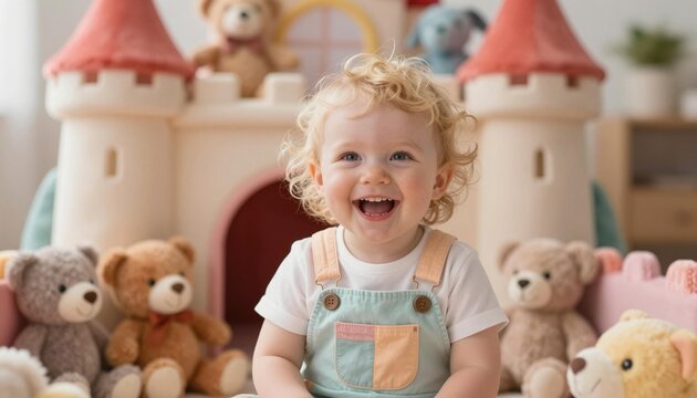 Smiling curly blonde toddler sitting in front of a toy castle surrounded by stuffed bears and plush toys