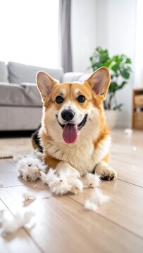 Corgi dog lying on floor with shredded paper.