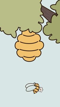 cute hand drawn cartoon character bees flying and hive on a tree in a sunny day funny animation for children