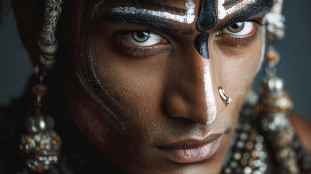 Man with painted face performs traditional dance in cultural event during evening hours in a local festival