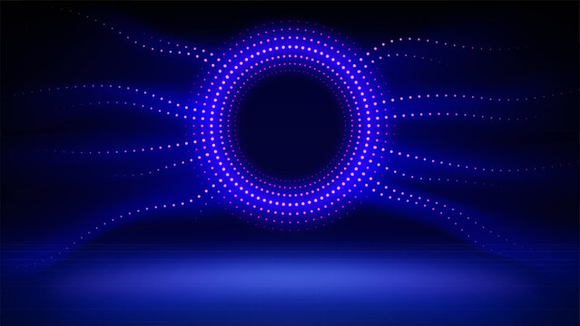 Neon color background. Round frame with tentacles made of LED dots, neon blue purple glow. Abstract background, backdrop for displaying products, text, presentation, advertising. Vector