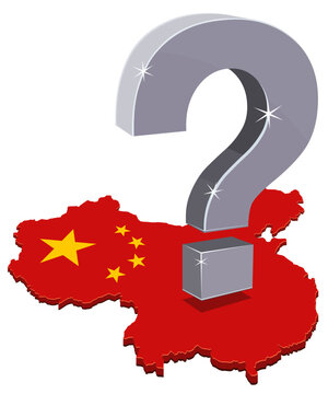 3D question mark over a map of China with the national flag, representing economic uncertainty, political questions, and future challenges (cut out)