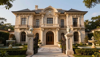 Obraz premium Grand neoclassical stone mansion with ornate façade, gated entrance, fountains, statues, balconies, and manicured formal gardens in warm golden-hour light