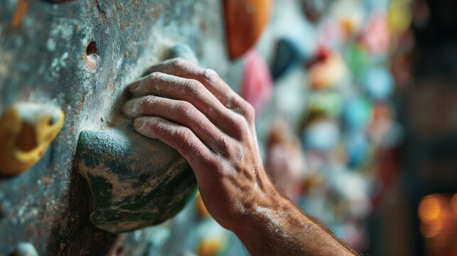 Climber grips a hold on a bouldering wall during a training session in a gym