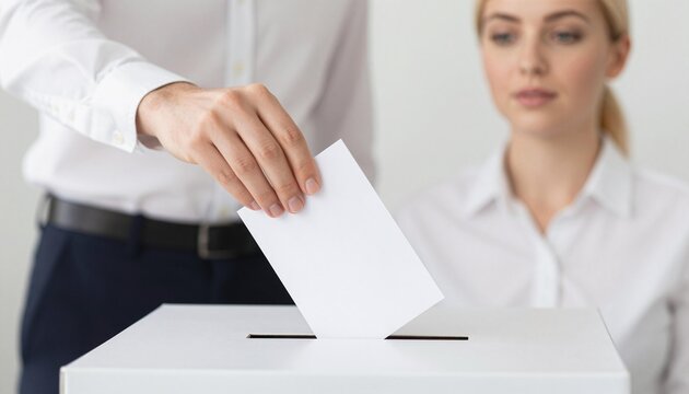 Hand placing a paper ballot into a white ballot box at a polling station while an observer watches
