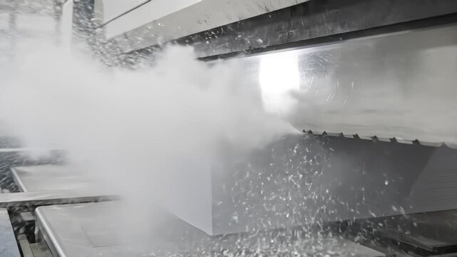 A large industrial guillotine paper cutting machine slices through a thick stack of white paper, creating a massive cloud of paper dust and shreds