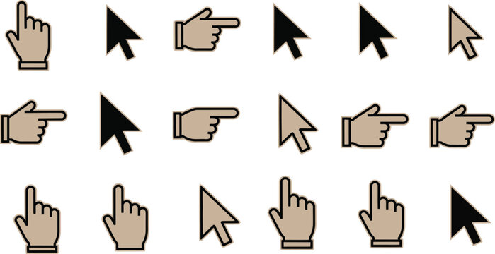 Collection of diverse computer cursors and hand pointing gestures in various styles