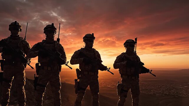 Silhouette of elite soldiers standing on a rugged hilltop at sunset