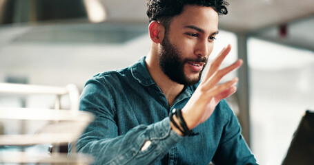 Happy, businessman and wave with laptop in office for video call, discussion or conversation. Man,...