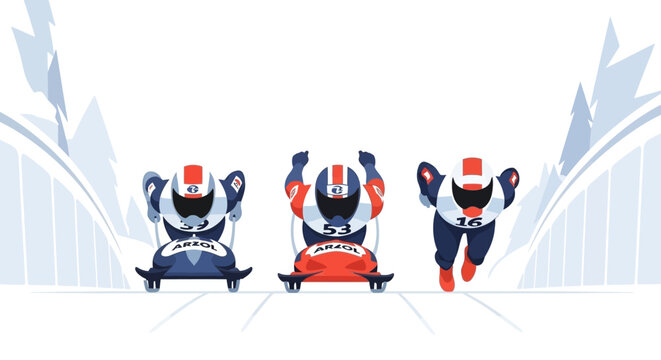 Professional Bobsleigh Athletes Racing Down an Ice Track. EPS Editable. Vector Illustrations.
