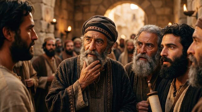 Apostle Peter and John speaking with Jewish priests and Sadducees in Jerusalem temple. Biblical scene from Acts 4 depicting religious interrogation. Ancient historical gathering concept.