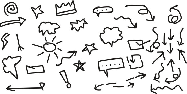 Collection of hand drawn scribbles and abstract symbols in black and white