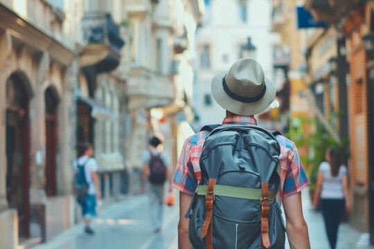 A man with a large backpack and a straw hat walks down a blurred old town street, exploring urban architecture and local culture during a summer vacation journey through famous European destinations.