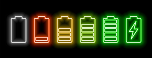 set of glowing battery charging level indicator in different colors © starlineart