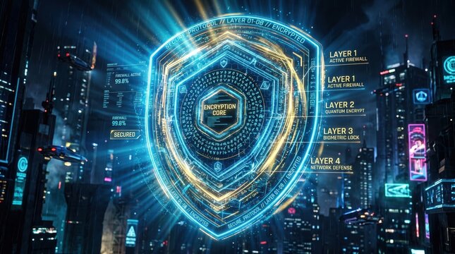 Futuristic cityscape with glowing blue shield and neon lights at night representing cybersecurity and technology