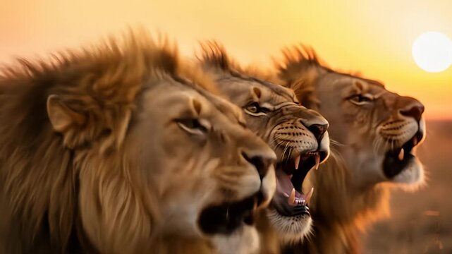 Three lions roar in unison against a golden sunset, showcasing sharp teeth and manes