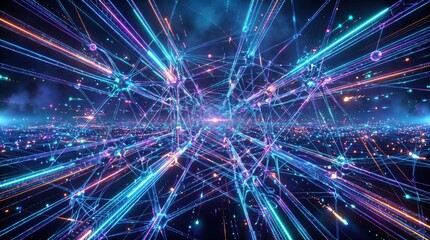 Obraz premium Vibrant neon light trails radiate outward in a mesmerizing display of blue pink and purple hues against a dark background conveying a sense of dynamic energy and futuristic