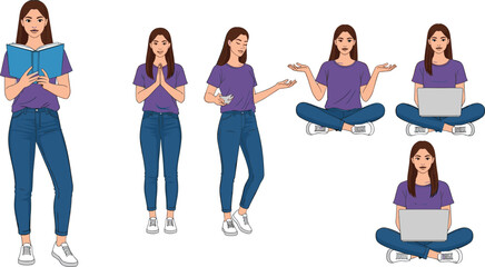 Obraz premium Young Woman Daily Activity Illustration Set with Reading Book, Thinking, Working on Laptop, Sitting Poses, and Casual Lifestyle Female Character for Education, Work, and Social Design Projects.