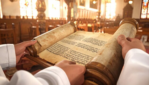 Ancient Hebrew Torah Scroll Unfurled by Rabbinical Hands in Holy Sanctuary