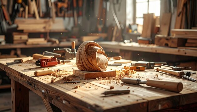 An intricately carved wooden sculpture rests elegantly on a block, surrounded by scattered wood shavings and various woodworking tools in a warm, sunlit workshop.