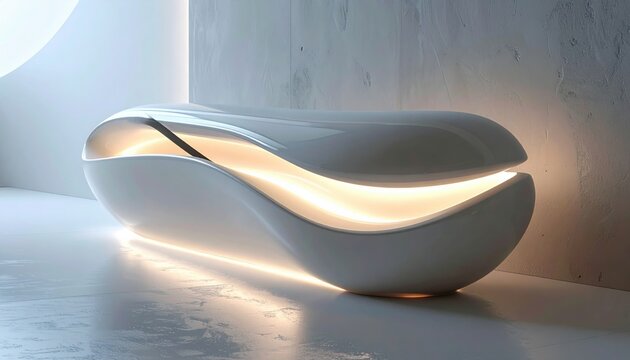 A sleek, modern harmonic resonance emitter pulsating with synchronized light waves, casting a warm glow in a contemporary interior setting.