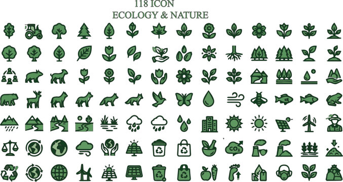 Elevate your green project with this comprehensive  eco-friendly icons,clean lines and a professional green palette, these icons perfectly represent renewable energy, wildlife conservation,pech living