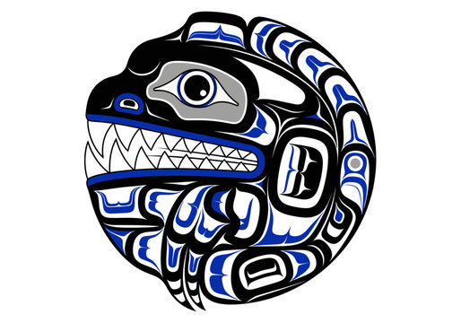 Complex traditional formlines in deep black and vibrant blue interlock to define a powerful, toothy Pacific Northwest indigenous creature with an intense eye within a circular field