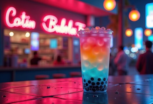 Neon City Bubble Tea Glow Colorful Tapioca Pearls Neon Lights Evening Shop